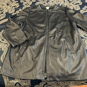 Chico’s black, faux leather, open front, long jacket